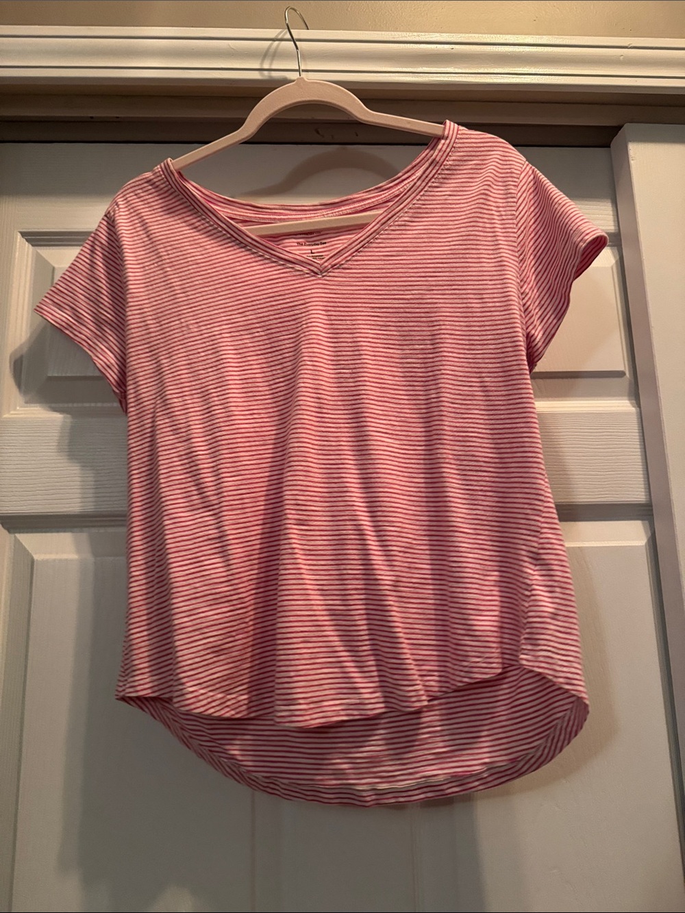 Sonoma Pink and White Striped V-Neck Short Sleeve Tee